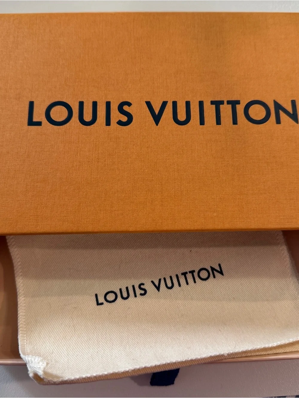 Louis Vuitton Orange Box with Navy Logo and Cream Dust Bag